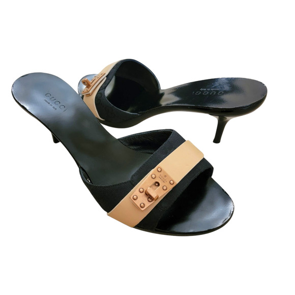 Gucci Vintage Black Turnlock Mules Kitten Heels GG Logo Leather 7 37 Slides - Picture 1 of 17